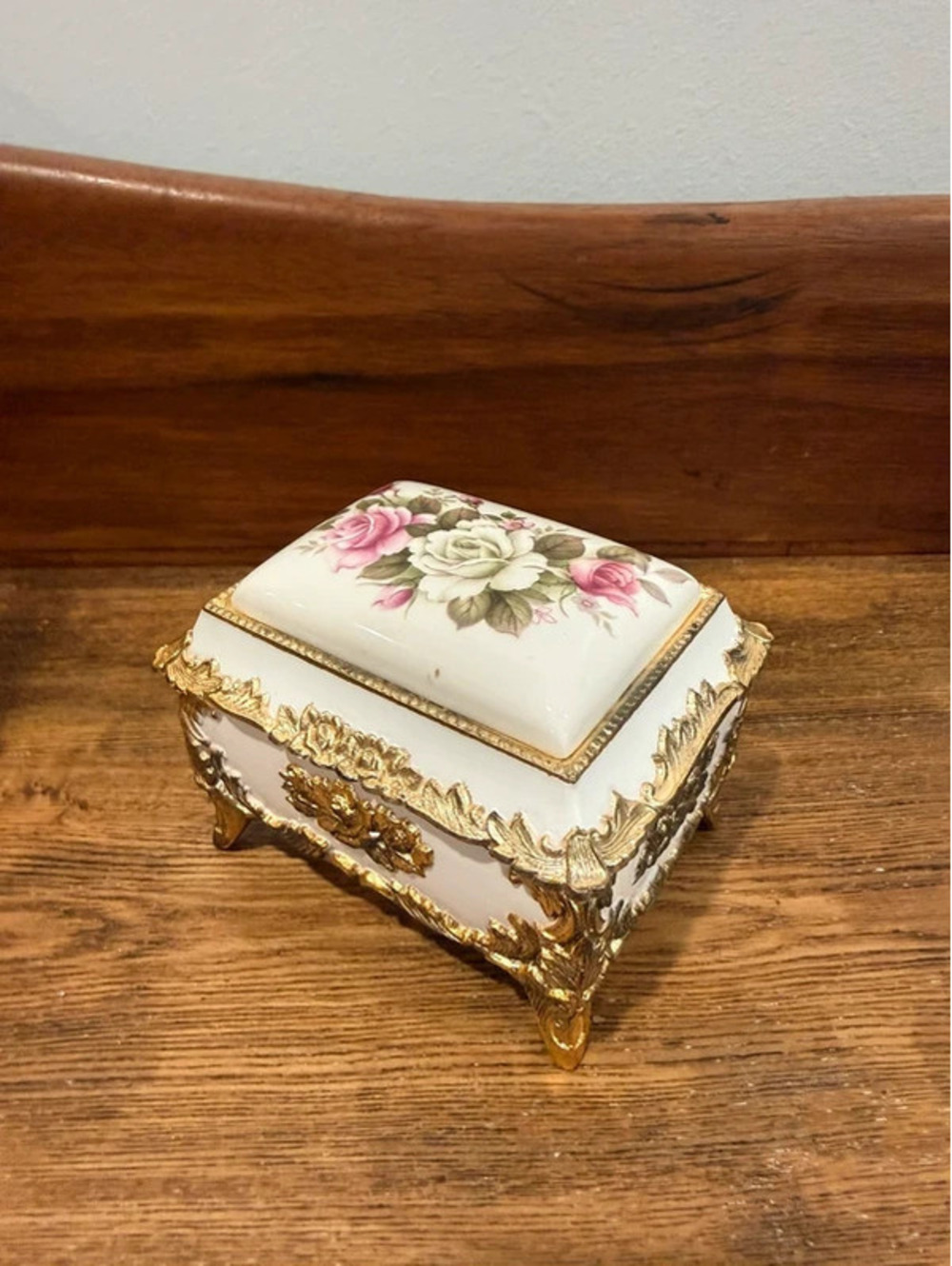 Vintage San Francisco Music Box Co Porcelain Rose Jewelry Box